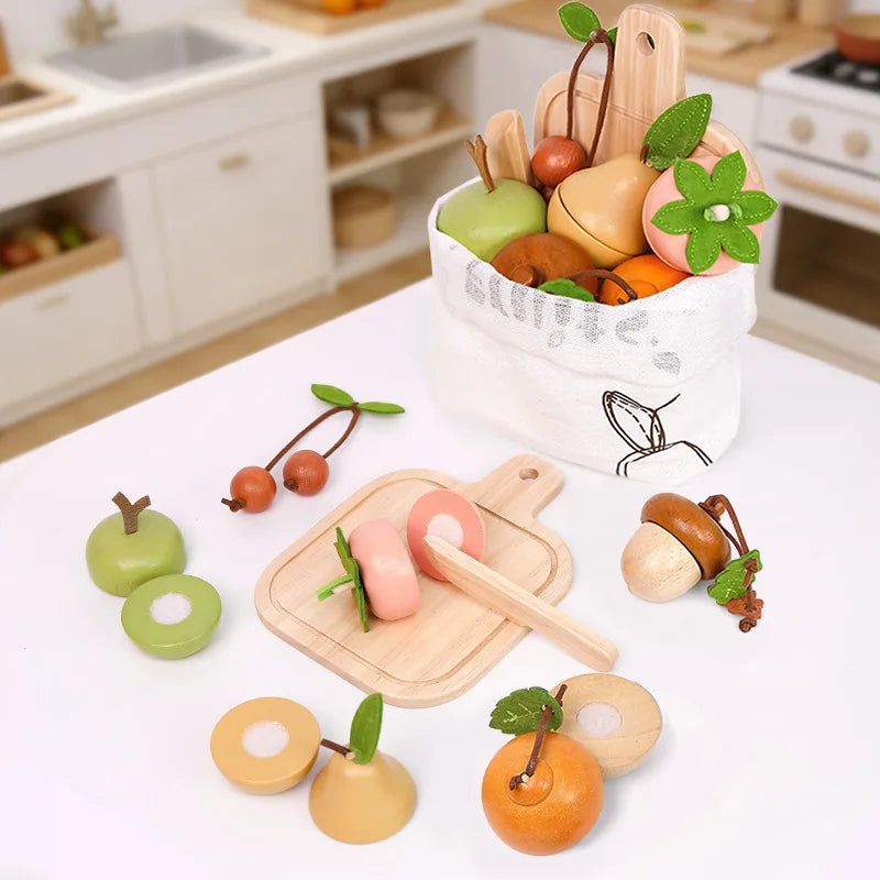 Wooden Cutting Fruit & Vegetable Play Food Set, Pretend Play Kitchen Toy, Educational Montessori Gift for Toddlers Boys & Girls